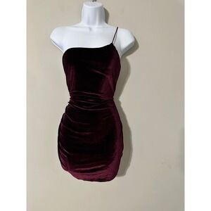 Lucy in the Sky Velvet One Shoulder Ruched Bodycon‎ Mini Dress Burgundy Size M